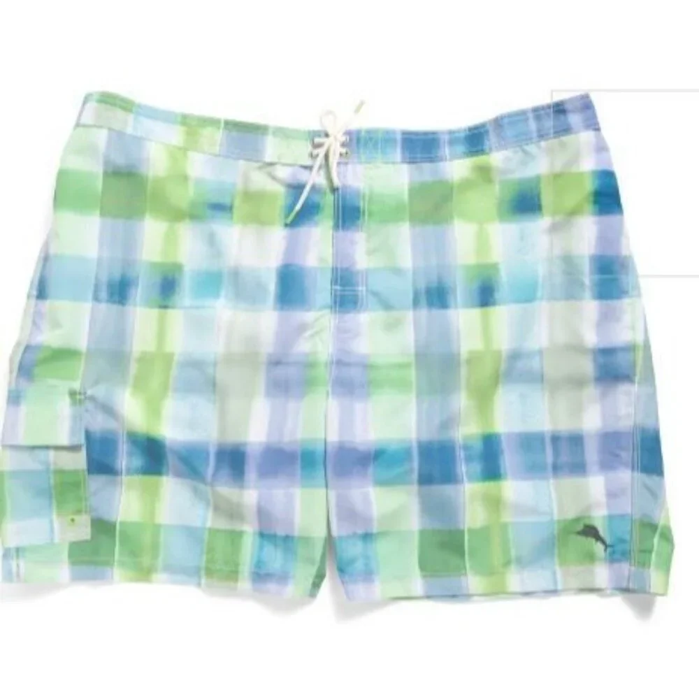 Tommy Bahama Mens Blue Green Plaid Pockets Swim Trunks Plus Sz 3XL Big New